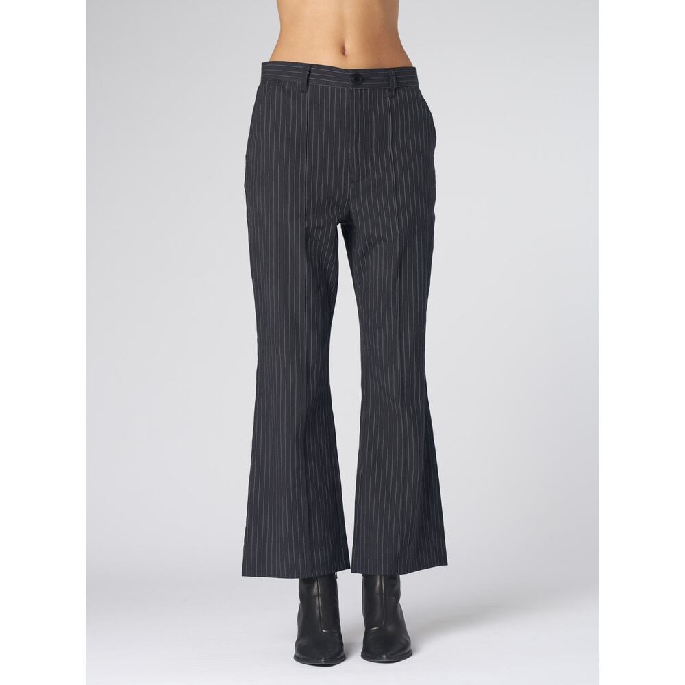 The Great. The Bell Trousers Cotton Wool Pinstripe Wide Leg Flare Black Crop 26